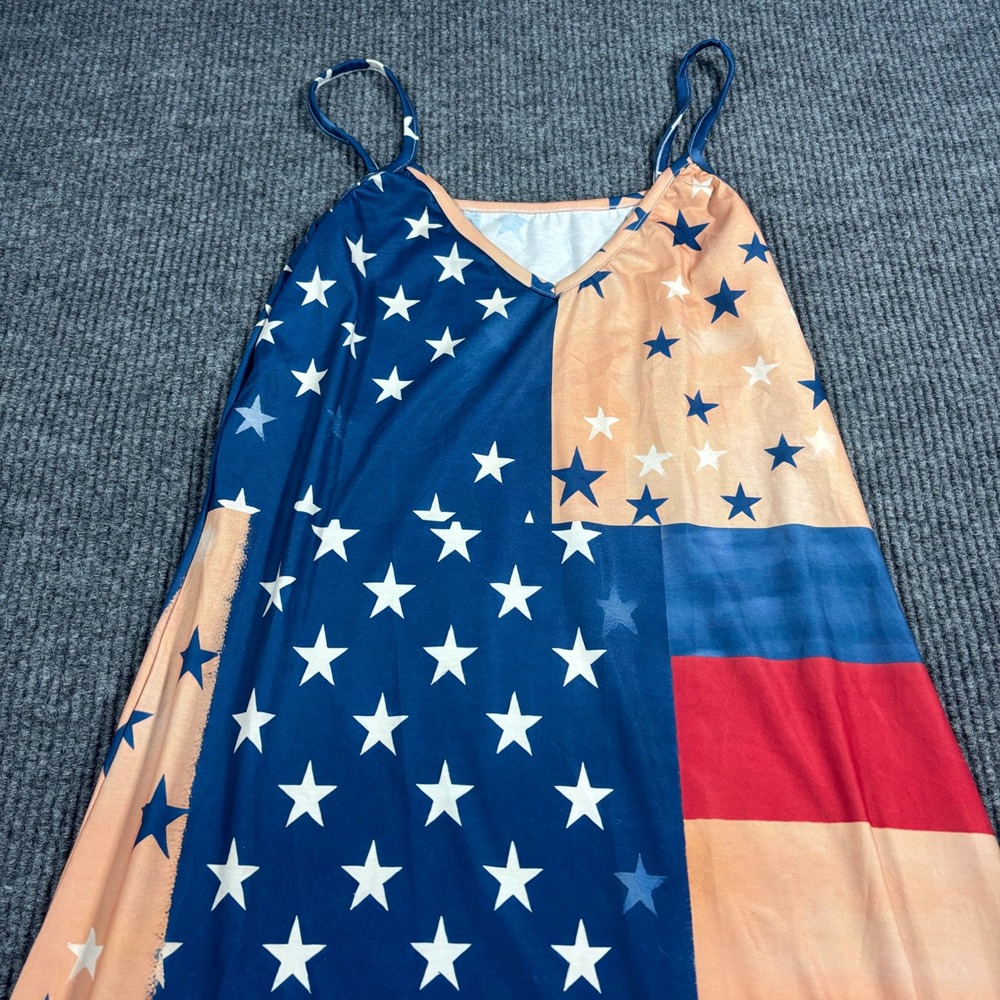 American Flag Maxi Dress Womens Small Blue Red Patriotic Stars Stripes